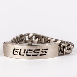 Vintage Guess Silver Tone ID Bracelet Watch Chain Link Cutout Logo Y2K Grunge